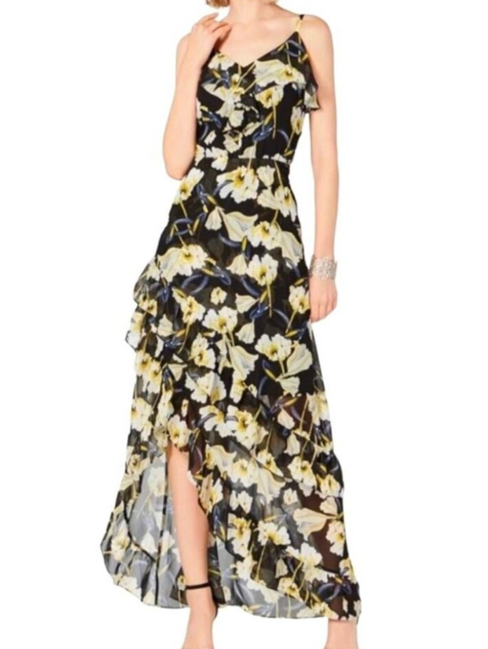 2/$20 INC Black Floral Ruffle Maxi Dress with Yellow Accents